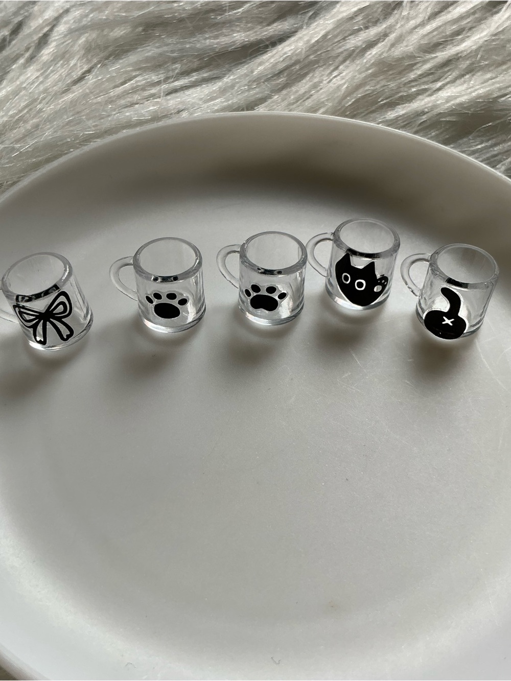 5 Miniature Clear Mugs with Black Animal Designs for a Dollhouse